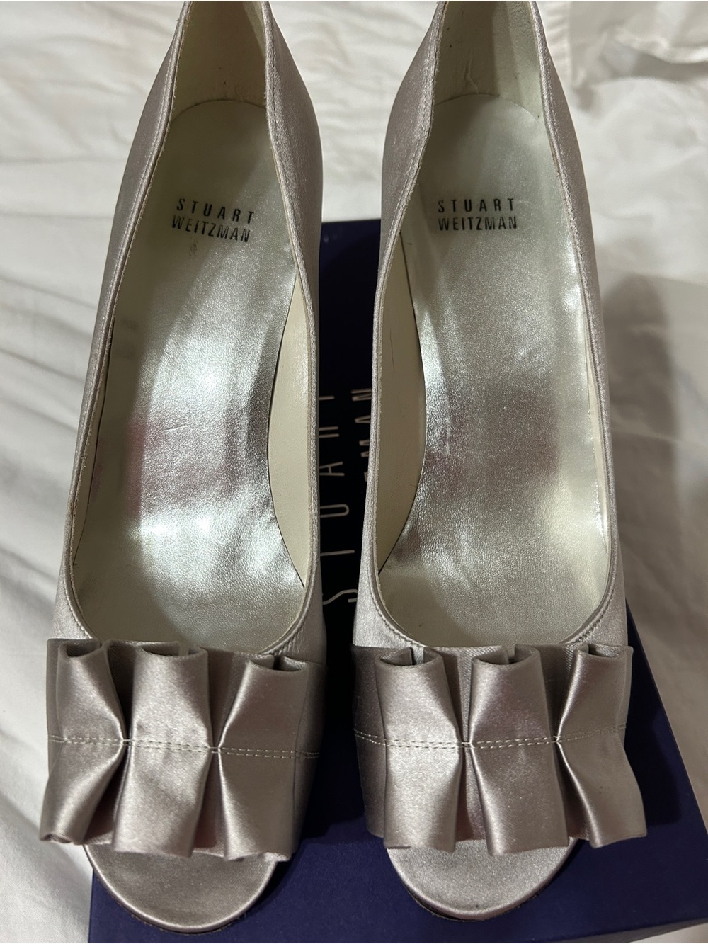 Stuart Weitzman Silver Satin Peep-Toe Pumps with Ruffle Accent - Picture 2 of 8